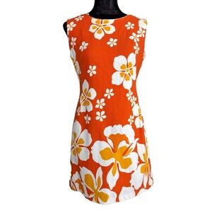 Vintage Sears Hawaiian Fashions Orange Floral Tiki Mini Dress Mod Pleated Back